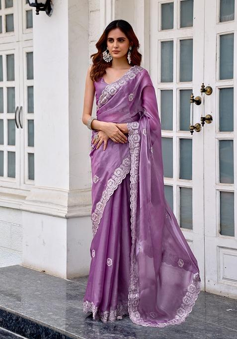 Lavender Embroidery Chiffon Saree Set