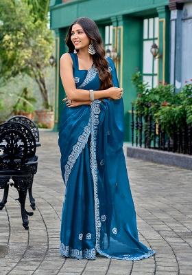 Teal Blue Embroidery Chiffon Saree Set