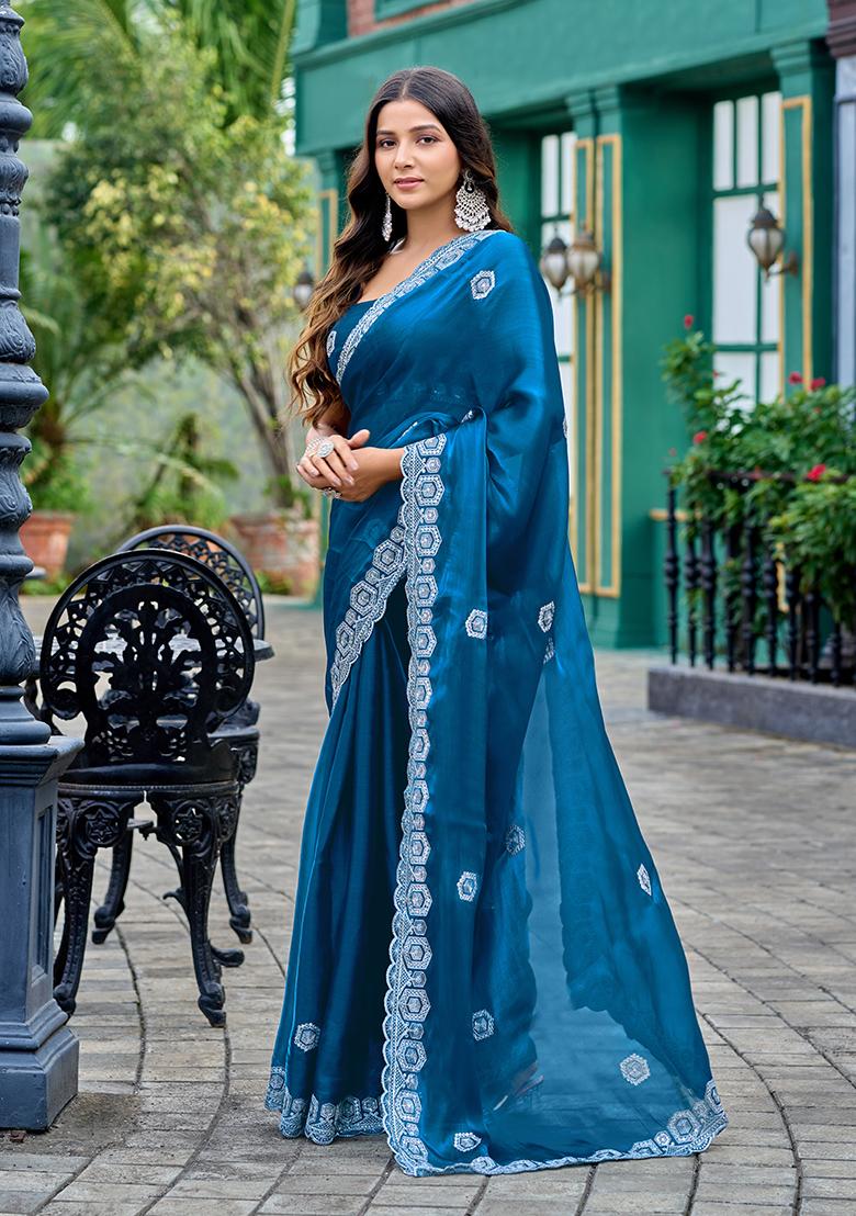 Teal Blue Embroidery Chiffon Saree Set - Indya