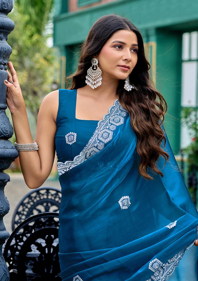 Teal Blue Embroidery Chiffon Saree Set - Indya