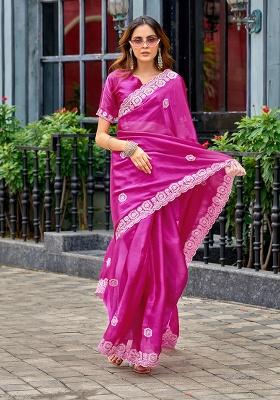 Magenta Embroidery Chiffon Saree Set