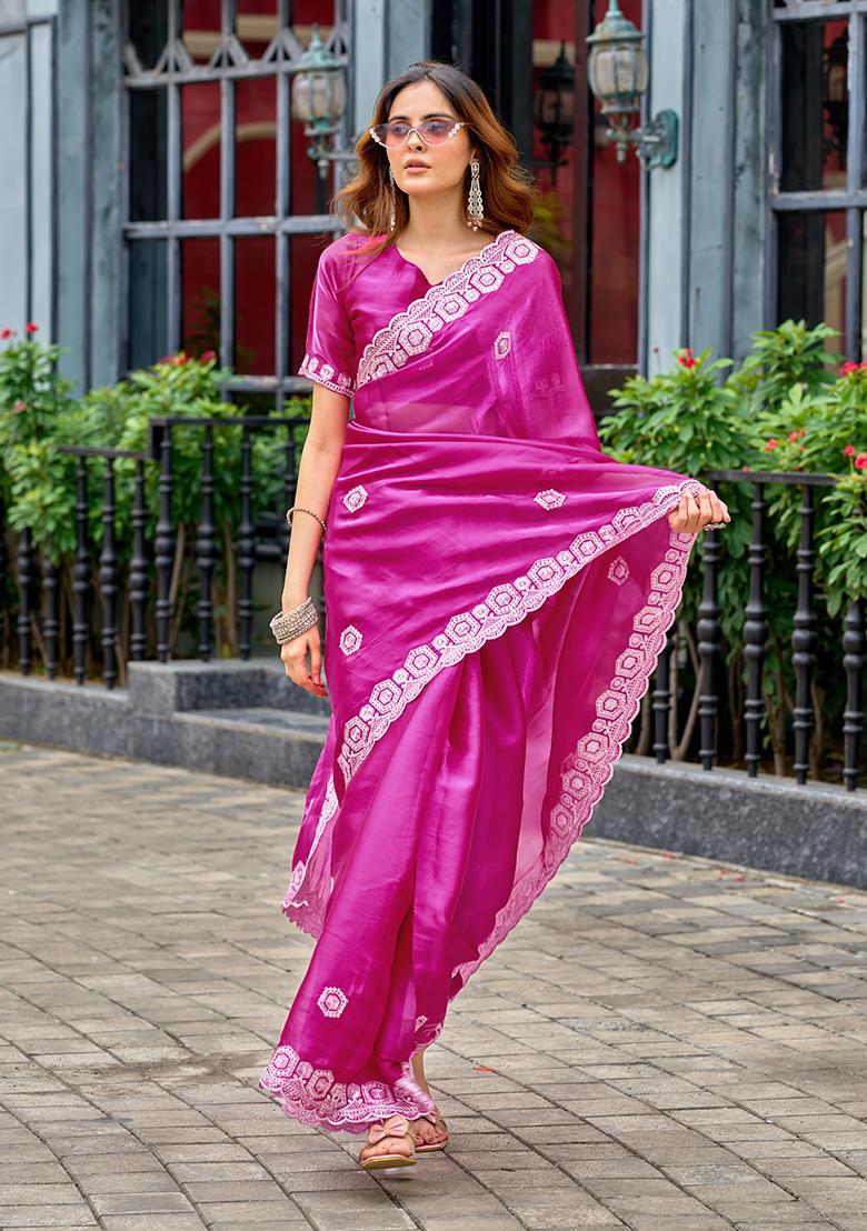 Magenta Embroidery Chiffon Saree Set - Indya