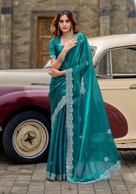 Sea Green Embroidery Chiffon Saree Set
