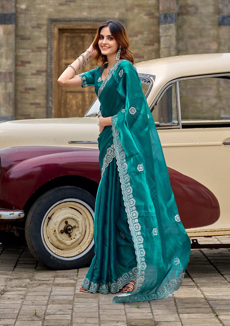 Sea Green Embroidery Chiffon Saree Set - Indya
