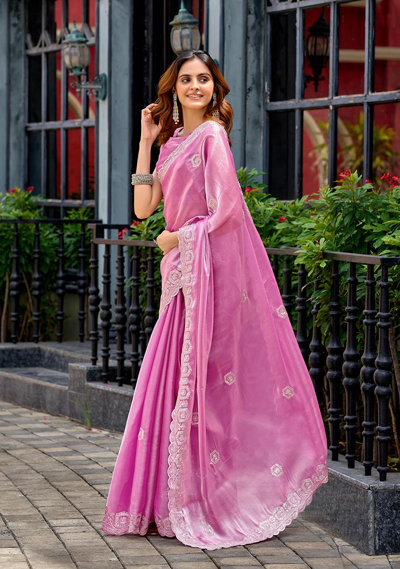 Pink Embroidery Chiffon Saree Set - Indya