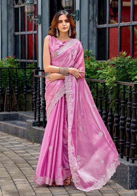 Pink Embroidery Chiffon Saree Set