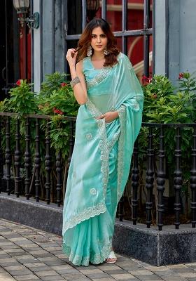 Aqua Blue Embroidery Chiffon Saree Set