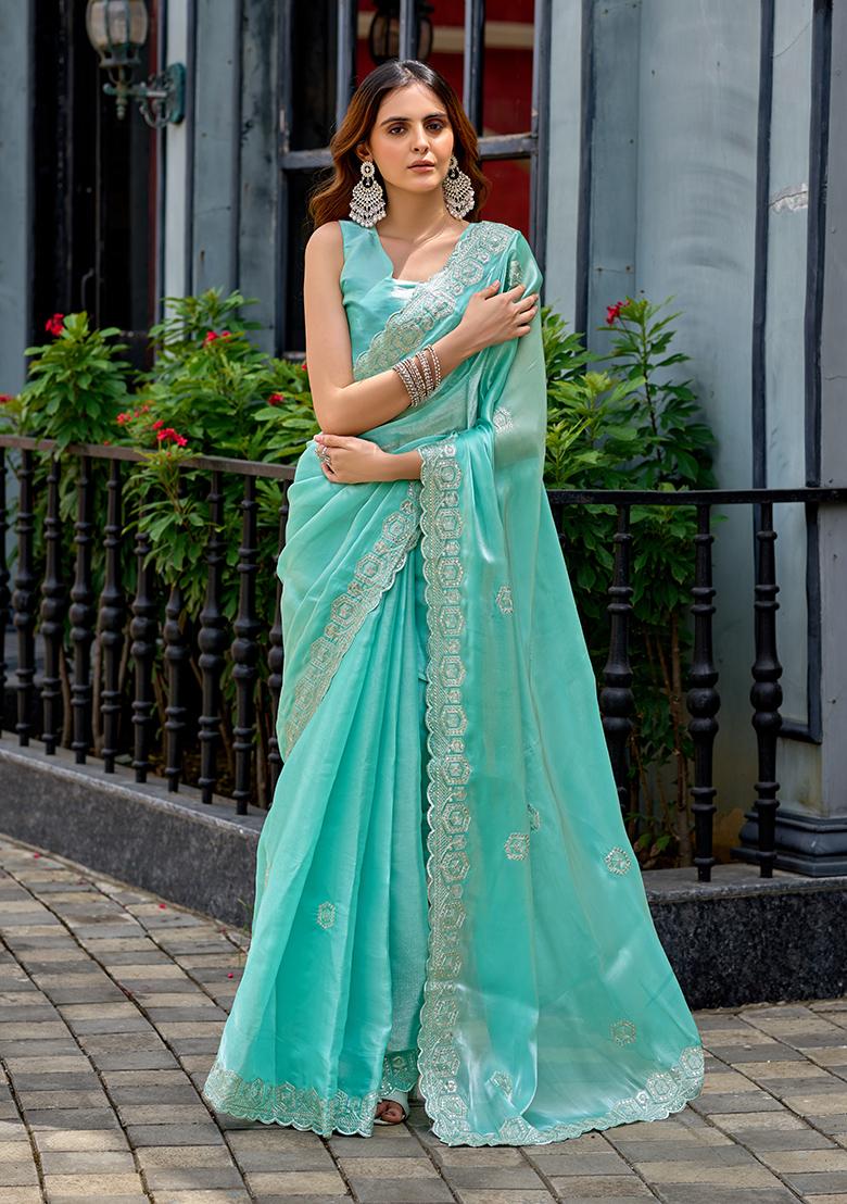 Aqua Blue Embroidery Chiffon Saree Set - Indya
