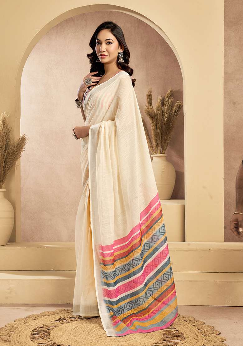 Cream Printed Linen Saree Set - Indya