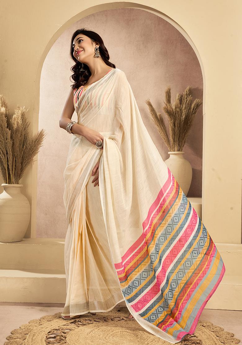 Cream Printed Linen Saree Set - Indya