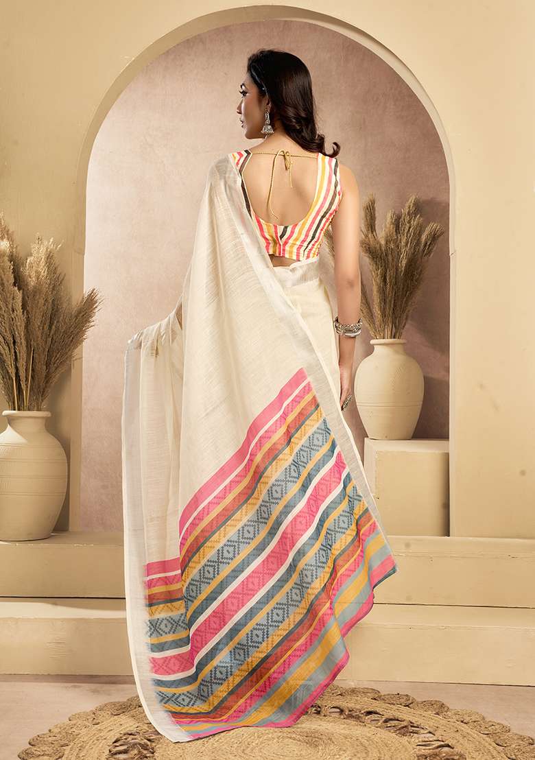 Cream Printed Linen Saree Set - Indya