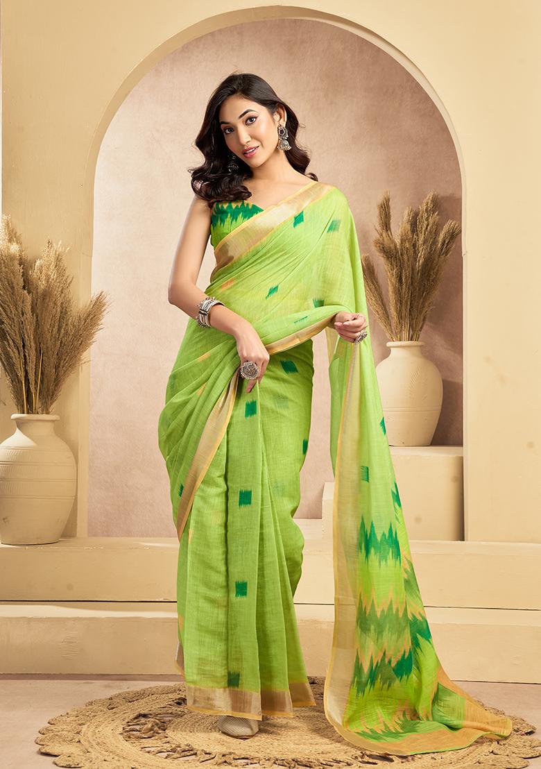 Parrot Green Printed Linen Saree Set - Indya