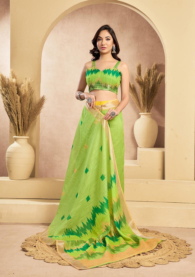 Parrot Green Printed Linen Saree Set - Indya