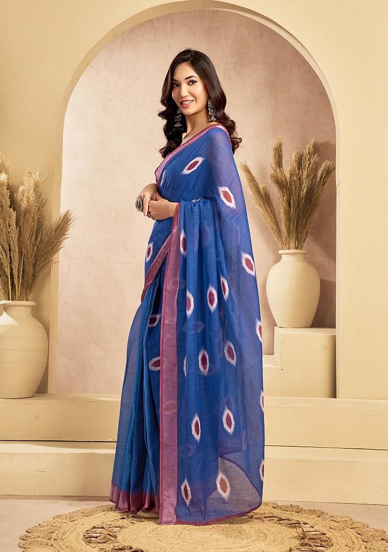 Blue Printed Linen Saree Set - Indya