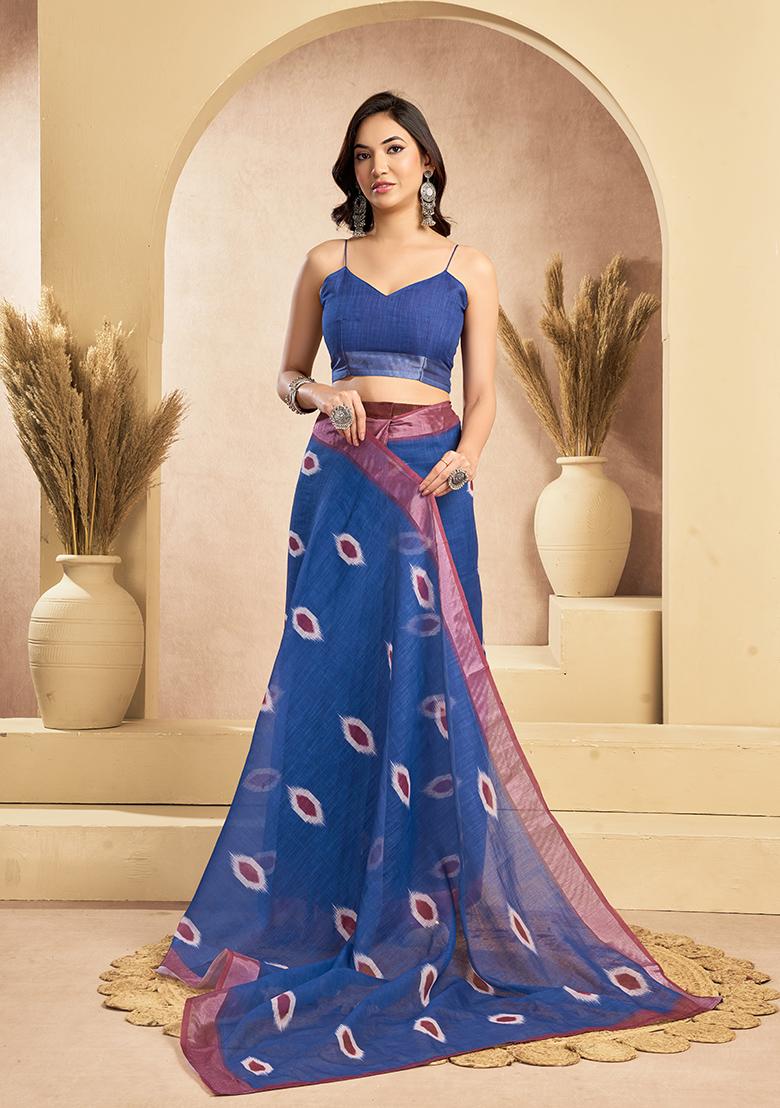 Blue Printed Linen Saree Set - Indya