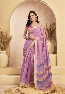 Pink Printed Linen Saree Set