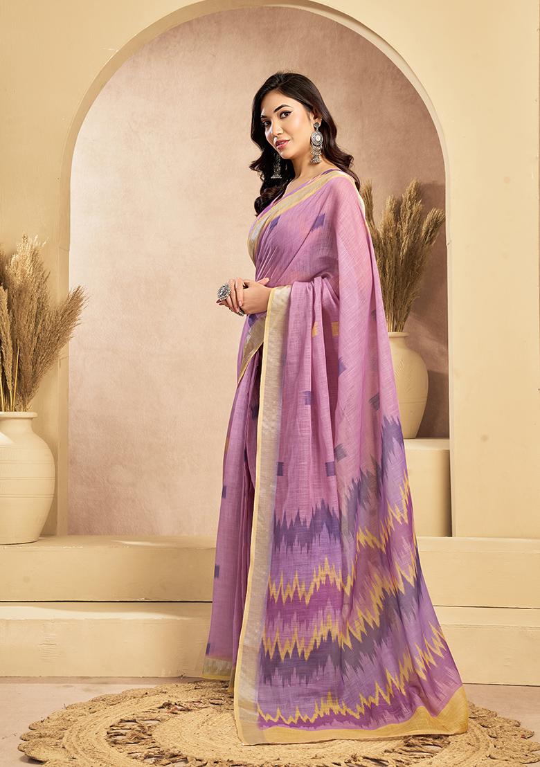 Pink Printed Linen Saree Set - Indya