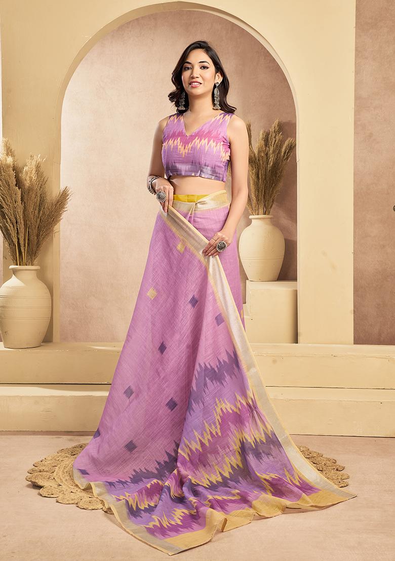 Pink Printed Linen Saree Set - Indya