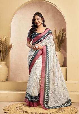 Off White Printed Linen Saree Set