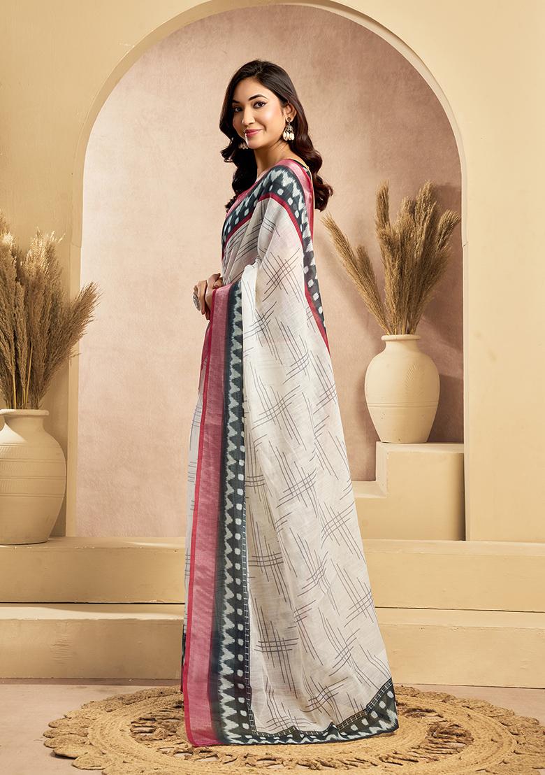 Off White Printed Linen Saree Set - Indya