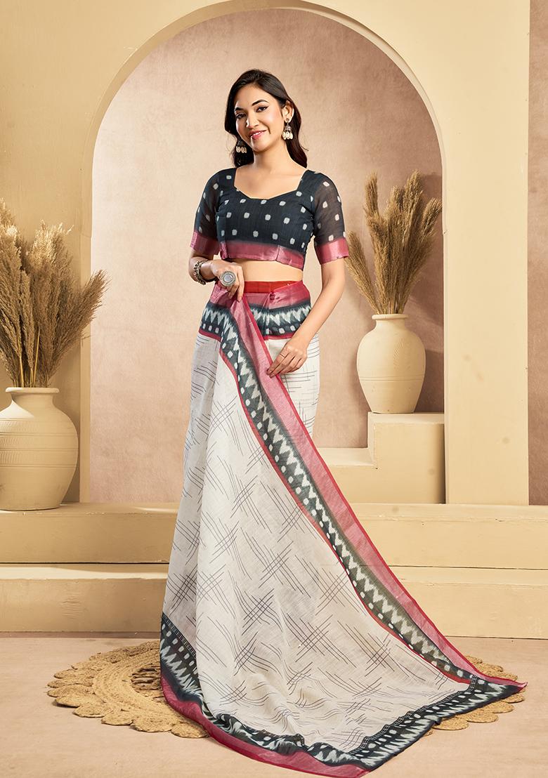 Off White Printed Linen Saree Set - Indya