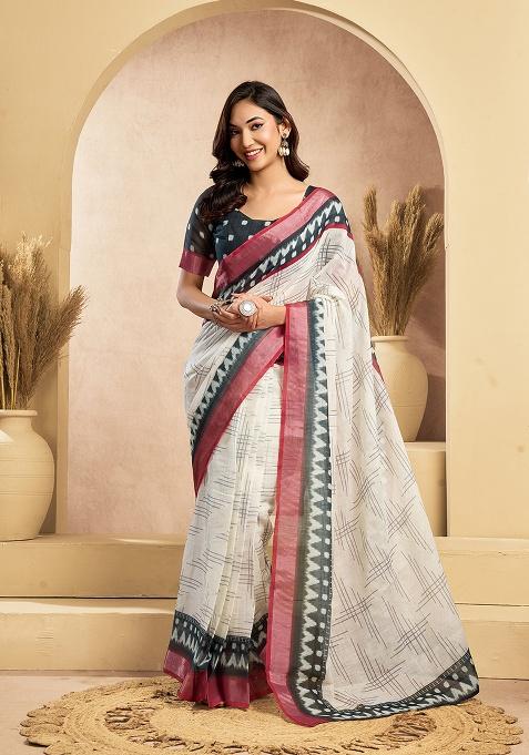 Off White Printed Linen Saree Set