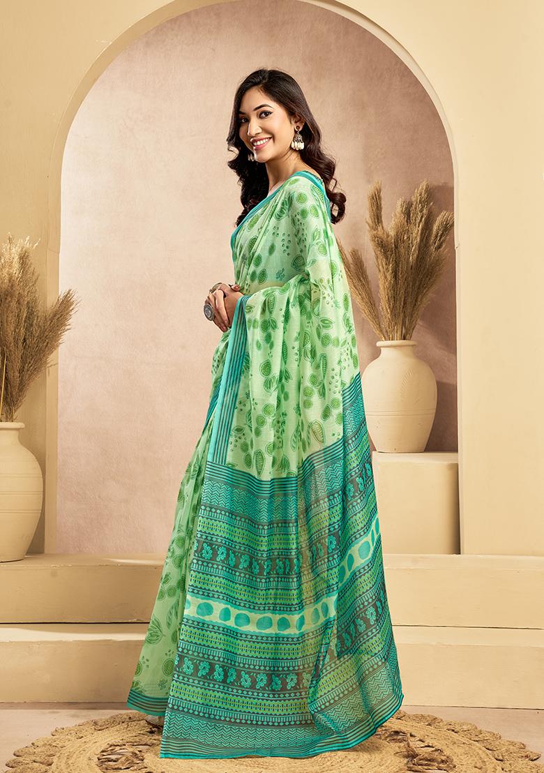 Green Printed Linen Saree Set - Indya