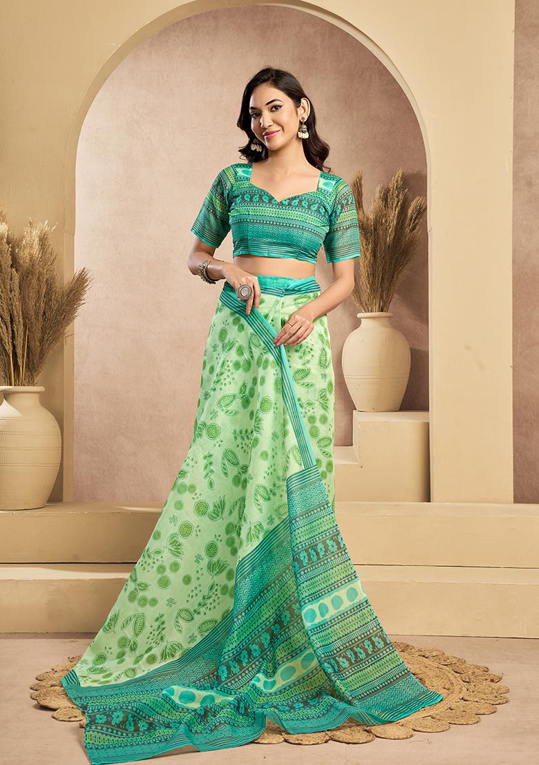 Green Printed Linen Saree Set - Indya