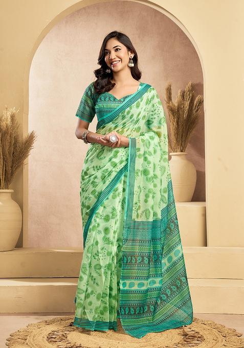 Green Printed Linen Saree Set