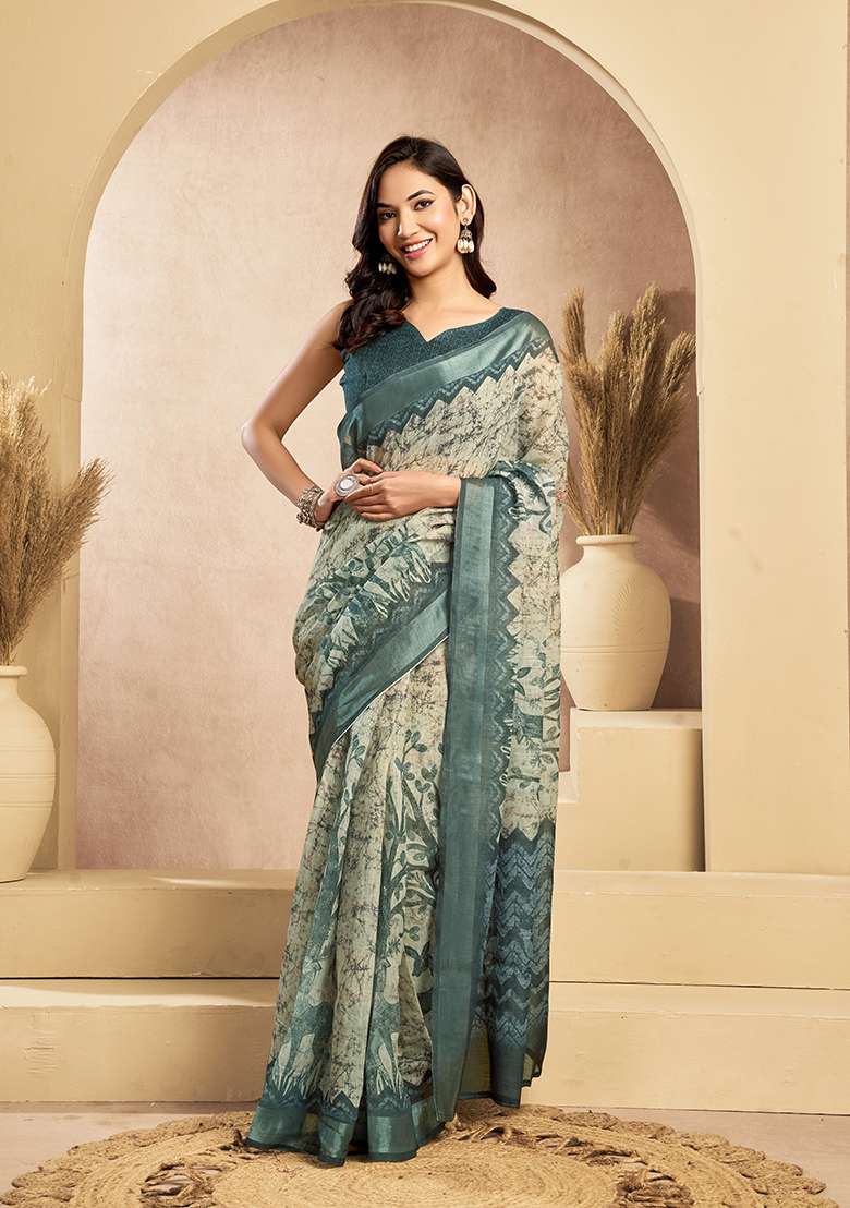 Grey Printed Linen Saree Set - Indya