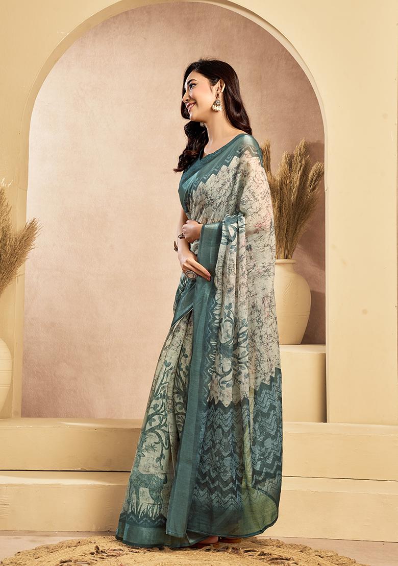 Grey Printed Linen Saree Set - Indya