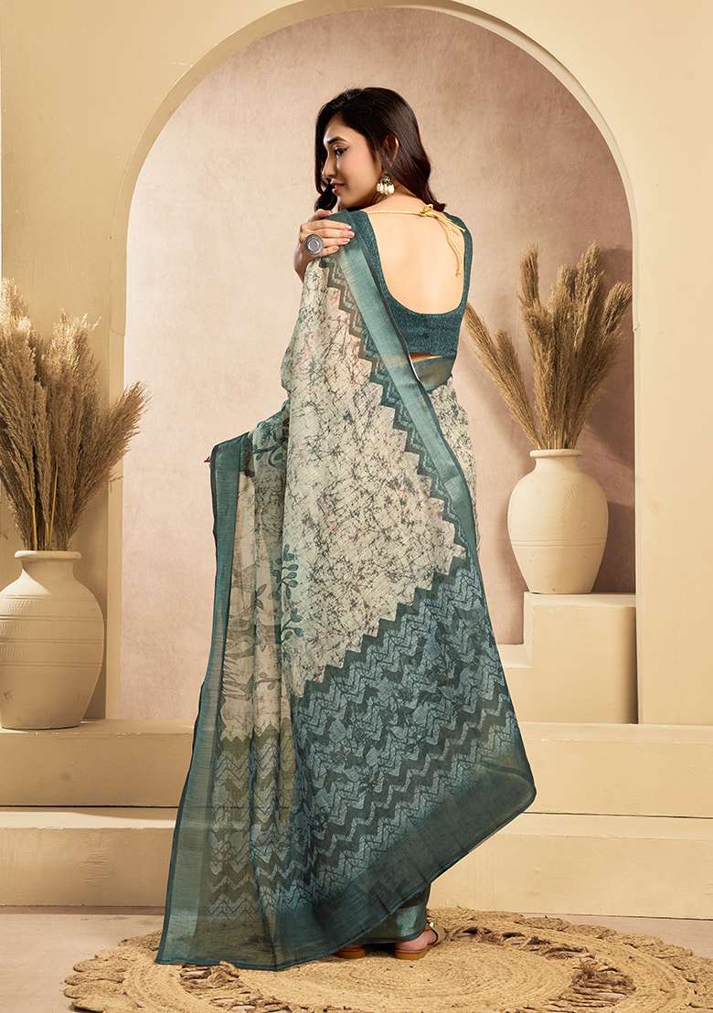 Grey Printed Linen Saree Set - Indya