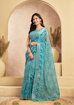 Sky Blue Printed Linen Saree Set