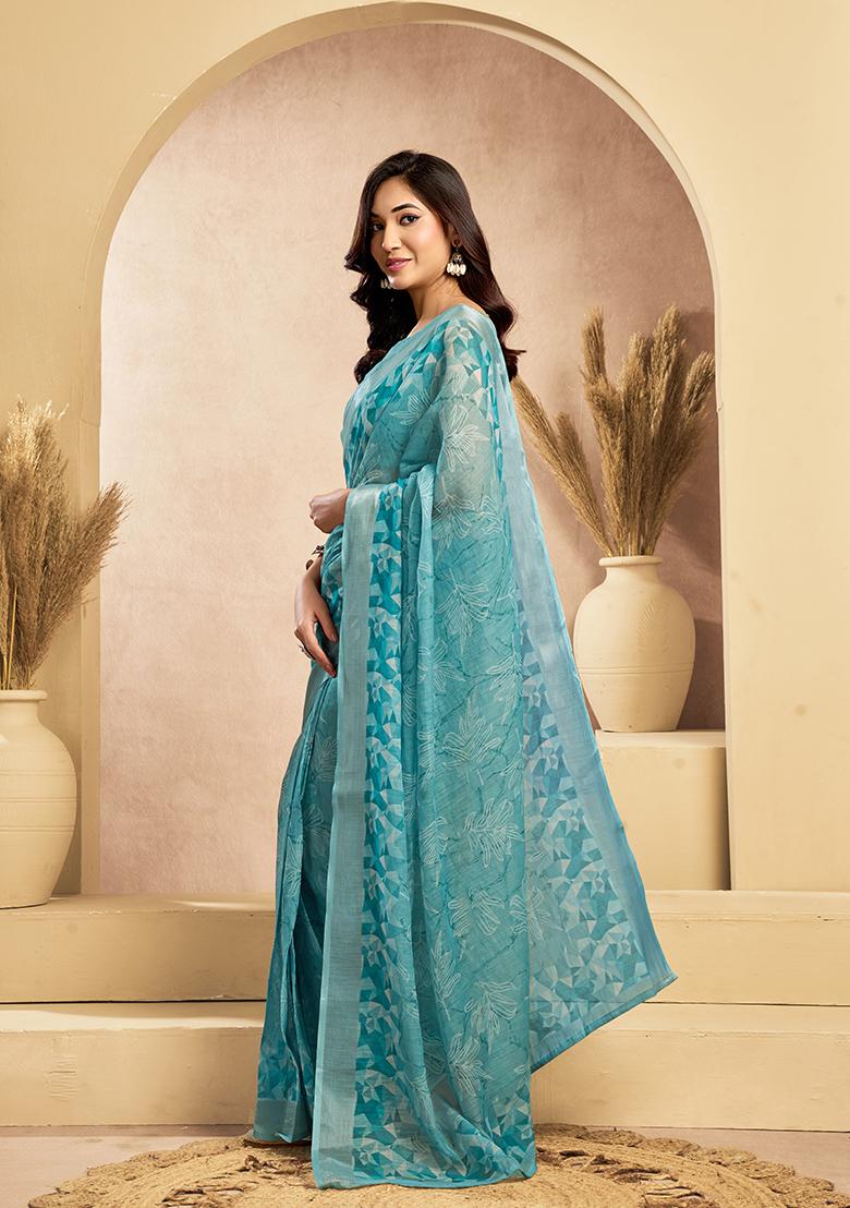 Sky Blue Printed Linen Saree Set - Indya