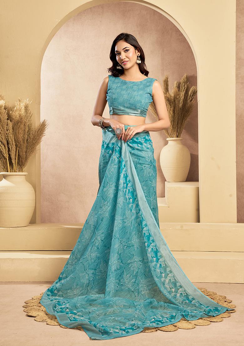 Sky Blue Printed Linen Saree Set - Indya