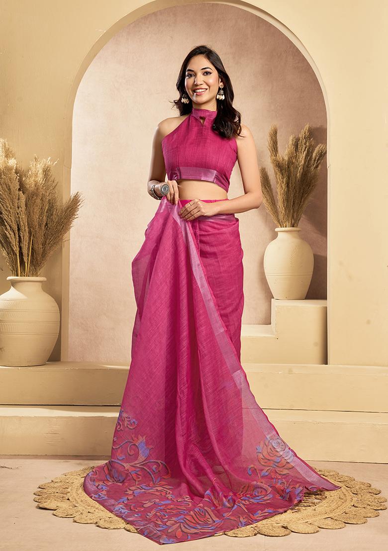 Pink Printed Linen Saree Set - Indya