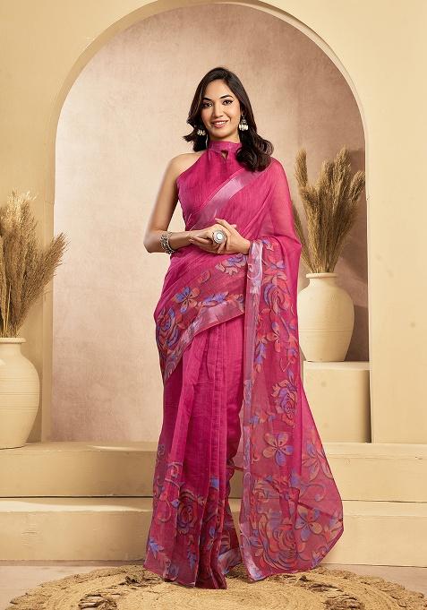 Pink Printed Linen Saree Set