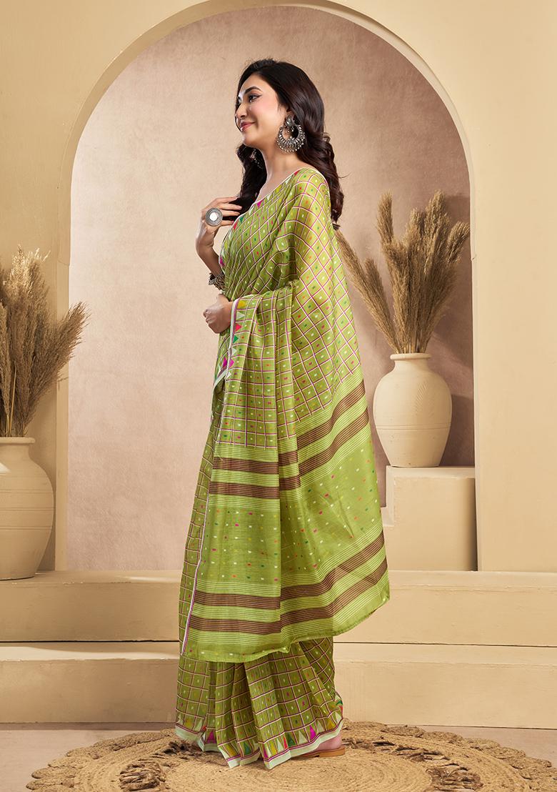 Mehendi Printed Linen Saree Set - Indya