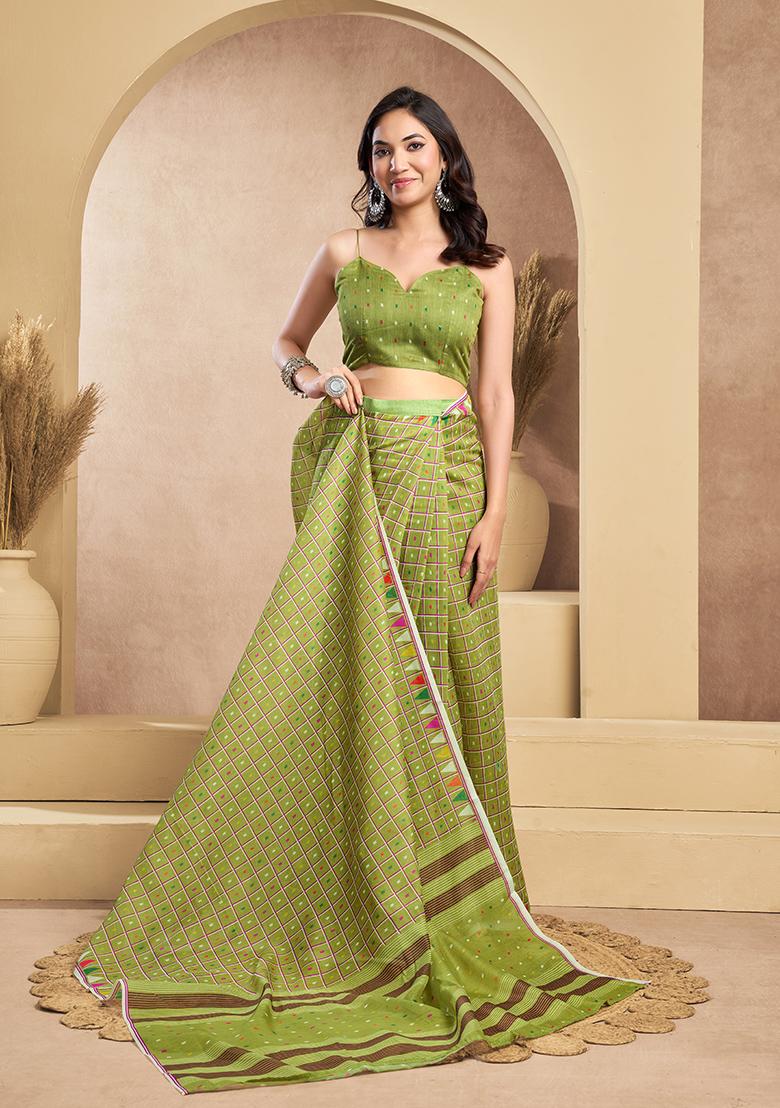 Mehendi Printed Linen Saree Set - Indya