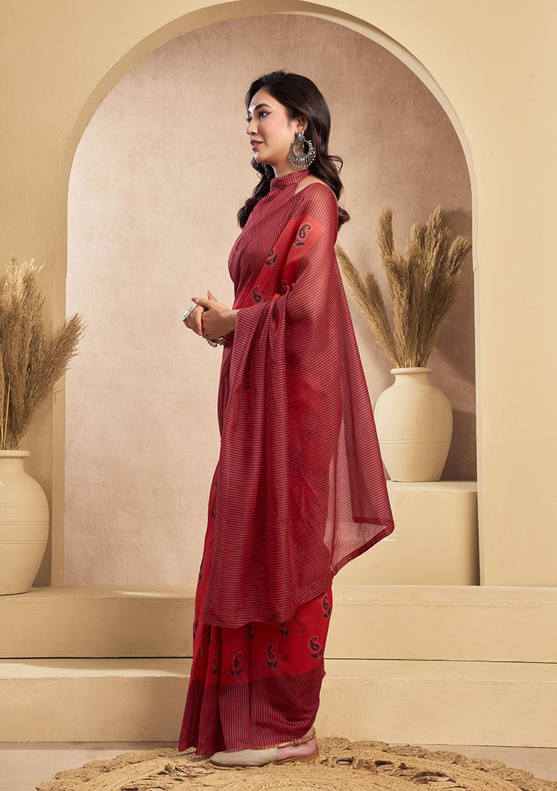Red Printed Linen Saree Set - Indya