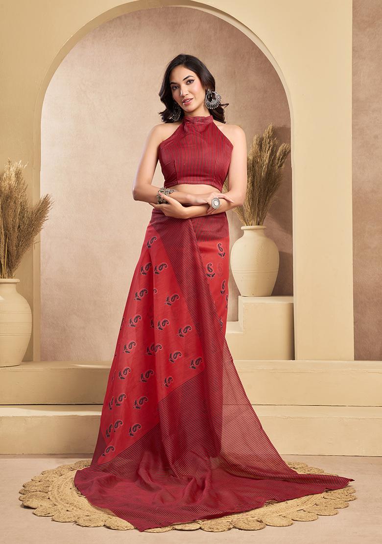 Red Printed Linen Saree Set - Indya