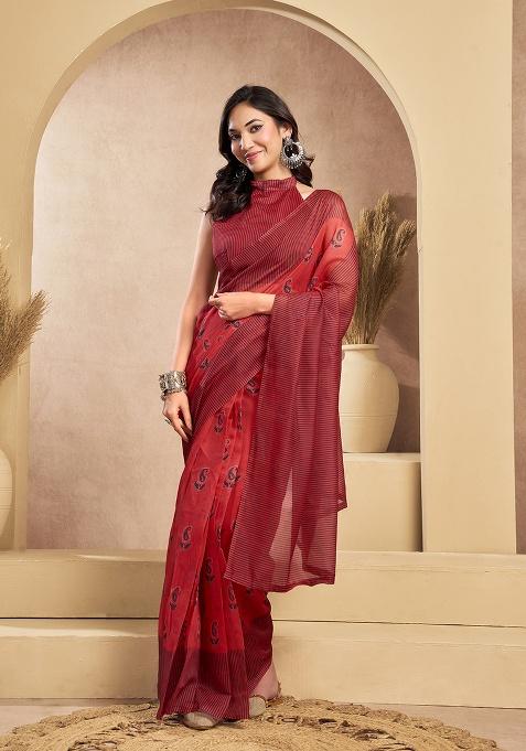 Red Printed Linen Saree Set