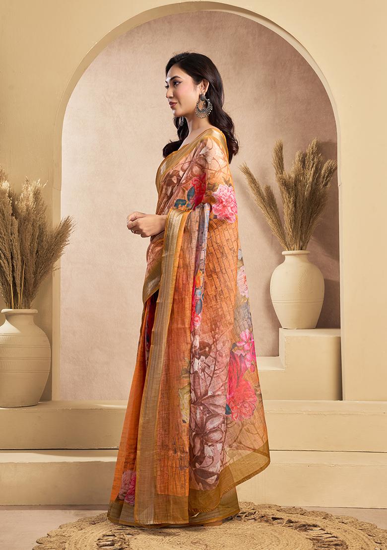 Orange Printed Linen Saree Set - Indya