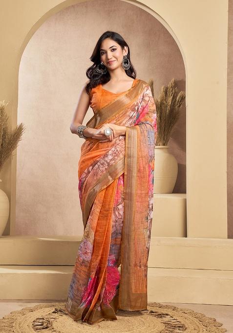 Orange Printed Linen Saree Set