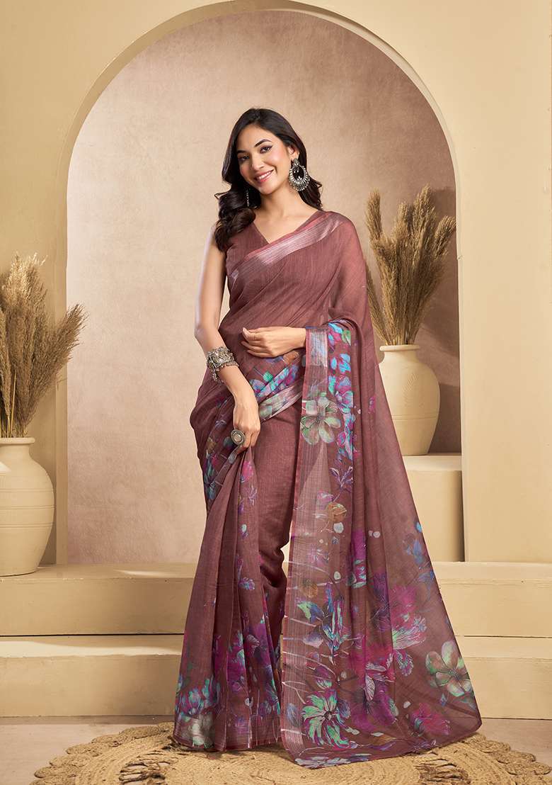 Light Brown Printed Linen Saree Set - Indya