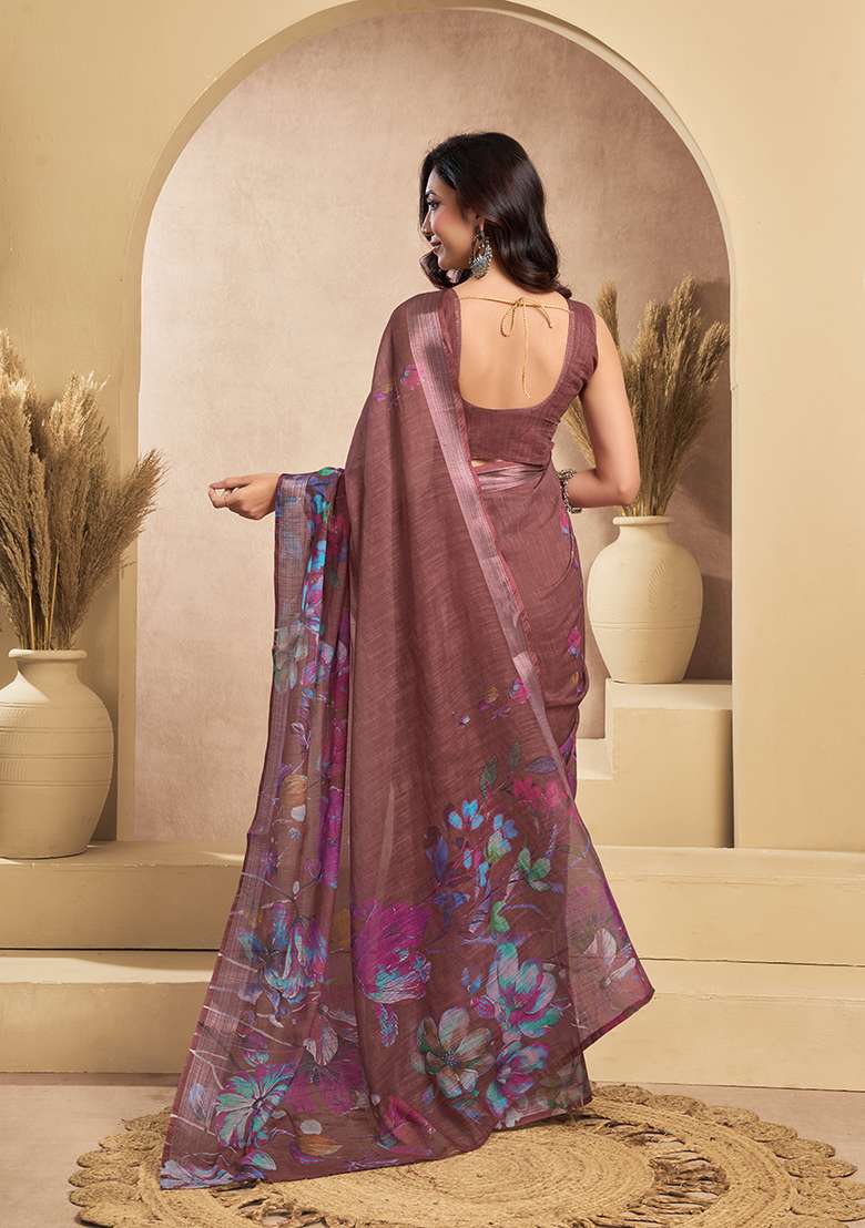 Light Brown Printed Linen Saree Set - Indya