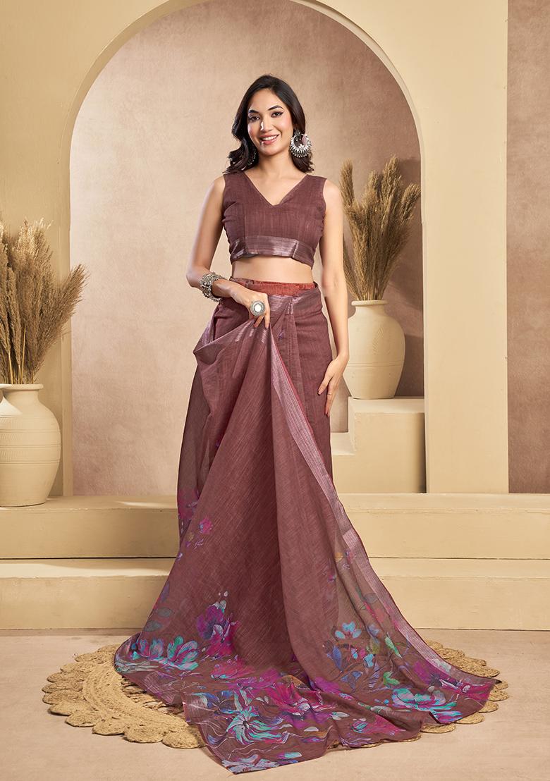 Light Brown Printed Linen Saree Set - Indya