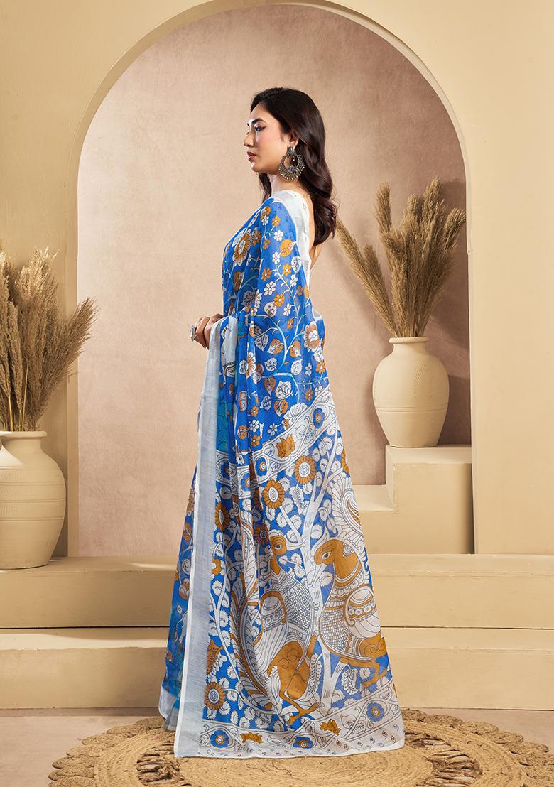 Multicolor Printed Linen Saree Set - Indya