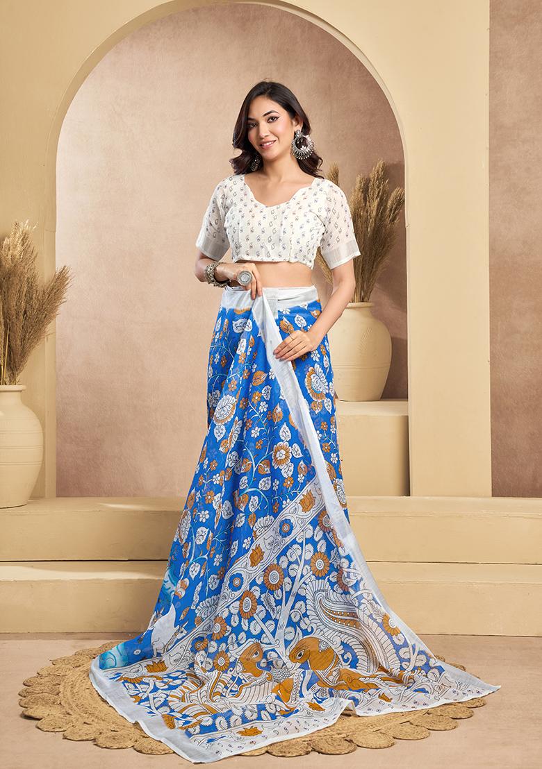 Multicolor Printed Linen Saree Set - Indya