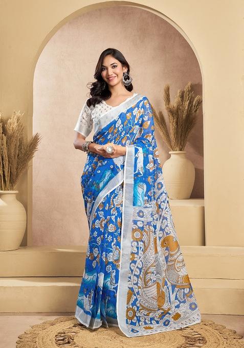 Multicolor Printed Linen Saree Set